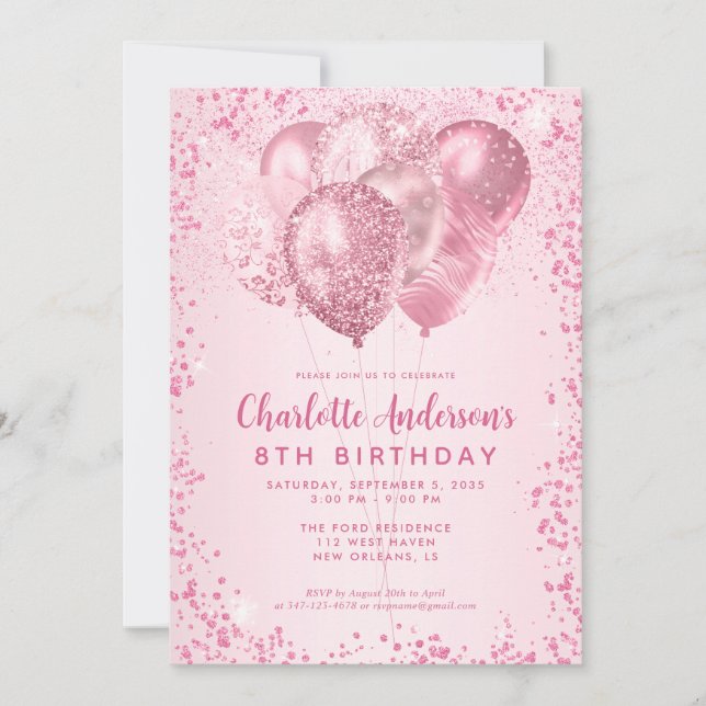 Blush Pink Glitter Sparkle Balloon Kids Birthday Invitation (Front)