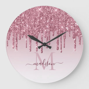 Blush Pink Glitter Sparkle Glam Dripping Monogram Large Clock