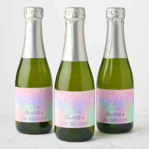 Blush pink glitter sparkle holographic birthday sparkling wine label