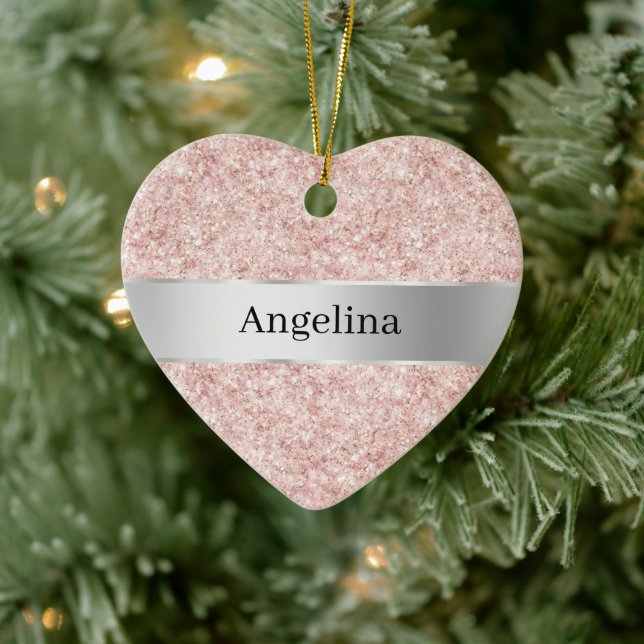 Blush Pink Glitter Sparkle Silver Ribbon Christmas Ceramic Tree Decoration (Tree)