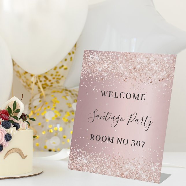 Blush pink glitter welcome room number pedestal sign (Creator Uploaded)