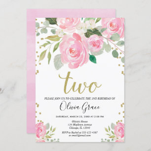 Blush pink gold 2nd birthday floral girl birthday invitation