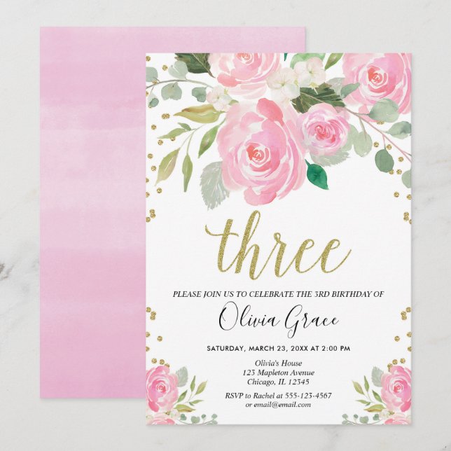 Blush pink gold 3rd birthday floral girl birthday invitation (Front/Back)