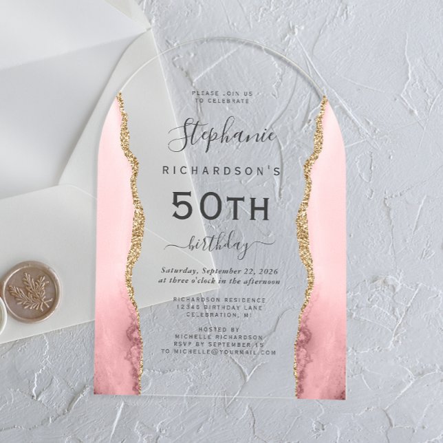 Blush Pink Gold Agate 50th Birthday Arch Acrylic Invitations (Creator Uploaded)