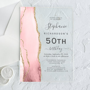 Blush Pink Gold Agate 50th Birthday Party Acrylic Invitations