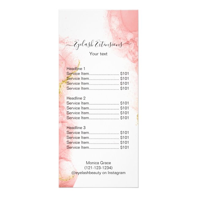 Blush Pink Gold Agate Beauty Makeup Salon Price Rack Card (Front)