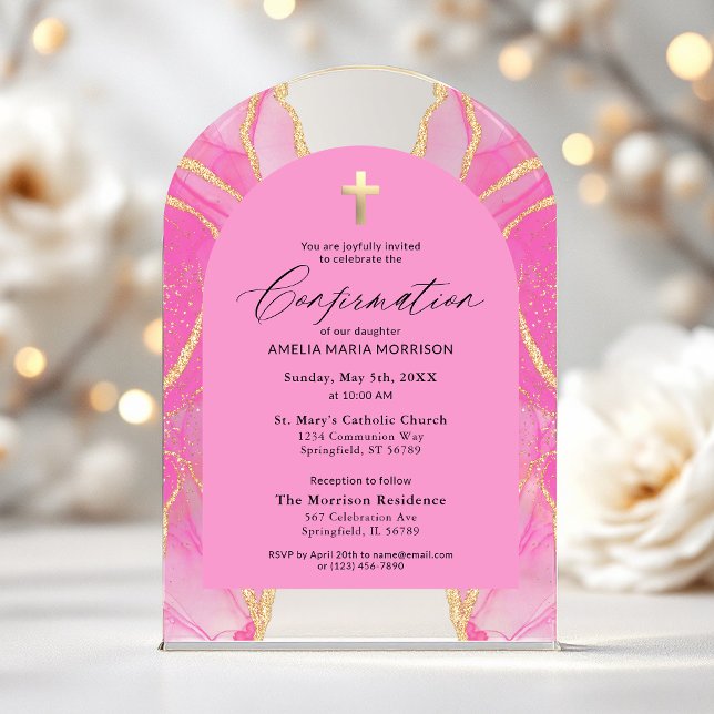 Blush Pink Gold Agate Confirmation Modern Acrylic Invitations (Creator Uploaded)