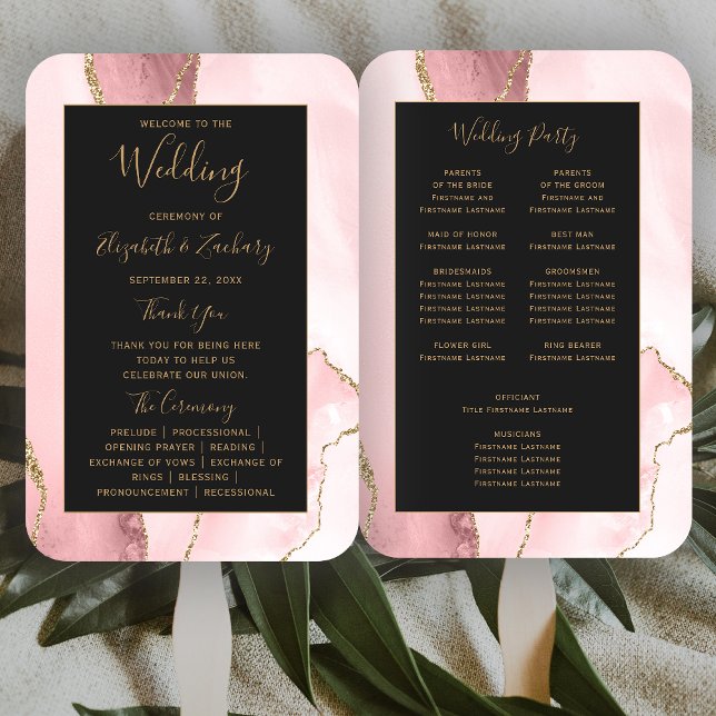 Blush Pink Gold Agate Dark Wedding Program Hand Fan (Creator Uploaded)
