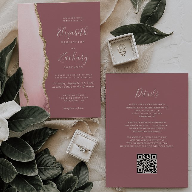 Blush Pink Gold Agate Dusty Rose QR Code Wedding Invitation (Creator Uploaded)