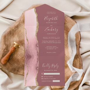 Blush Pink Gold Agate Dusty Rose Wedding All In One Invitation