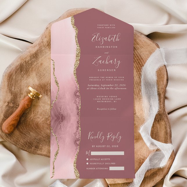 Blush Pink Gold Agate Dusty Rose Wedding All In One Invitation (Creator Uploaded)