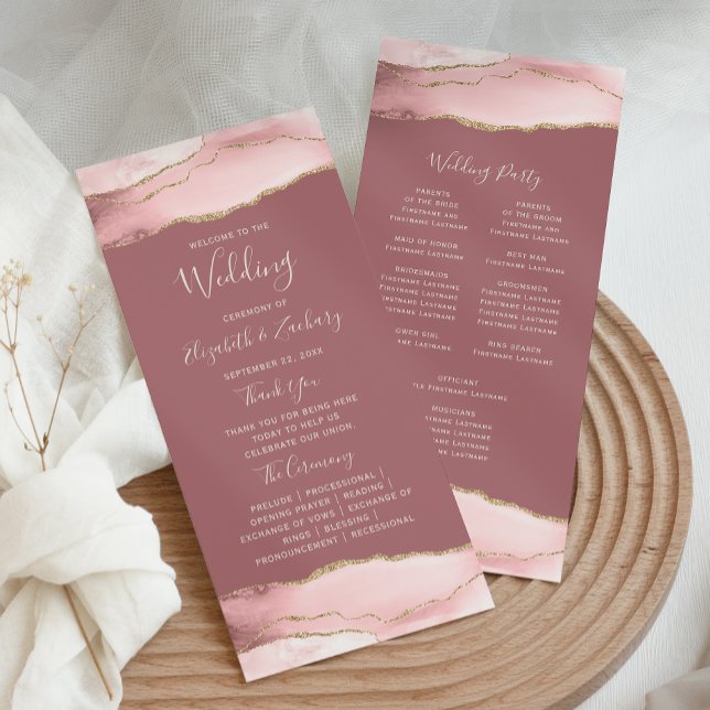 Blush Pink Gold Agate Dusty Rose Wedding Programme (Creator Uploaded)