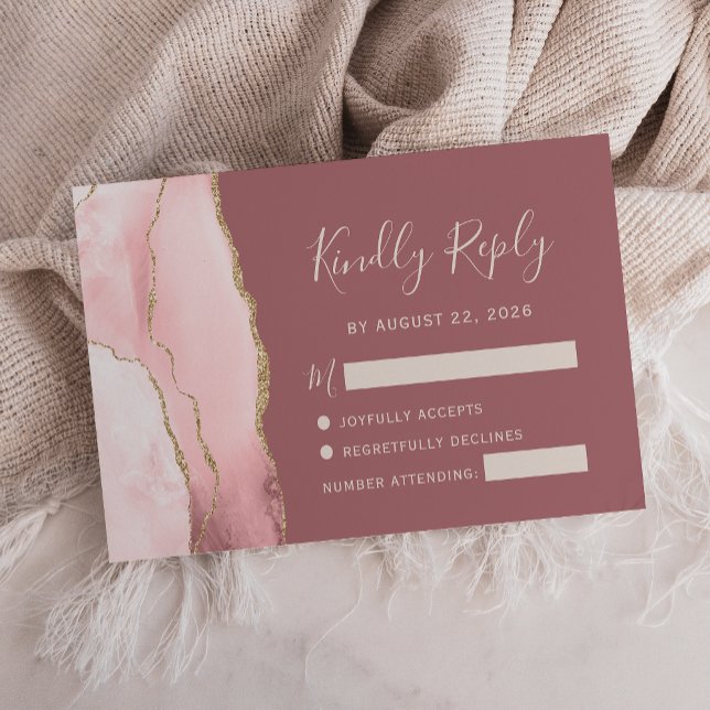 Blush Pink Gold Agate Dusty Rose Wedding RSVP Card (Creator Uploaded)