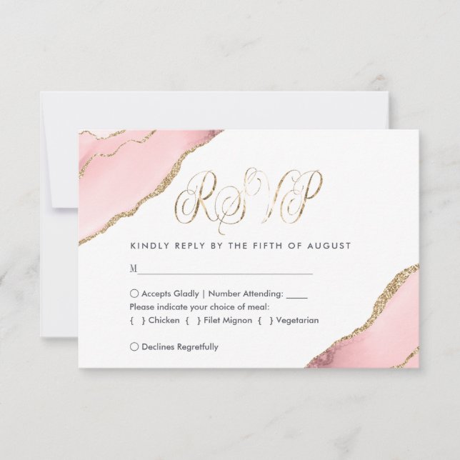 Blush Pink Gold Agate Elegant Watercolor Wedding RSVP Card (Front)