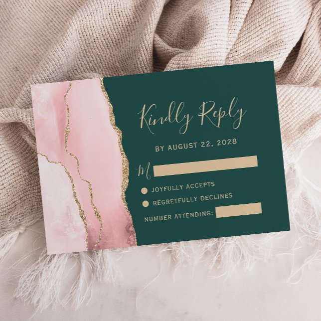 Blush Pink Gold Agate Emerald Green Wedding RSVP Card (Creator Uploaded)