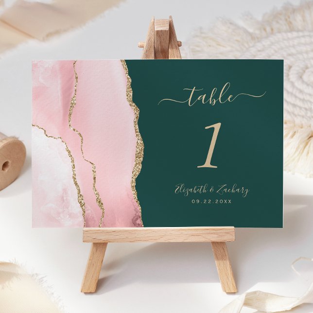 Blush Pink Gold Agate Emerald Green Wedding Table Number (Creator Uploaded)