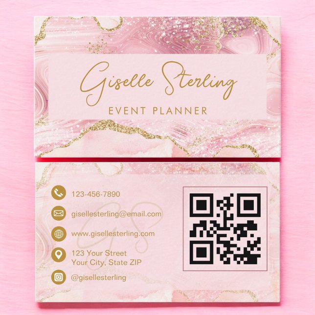 Blush Pink Gold Agate Event Planner QR Code Business Card (Creator Uploaded)