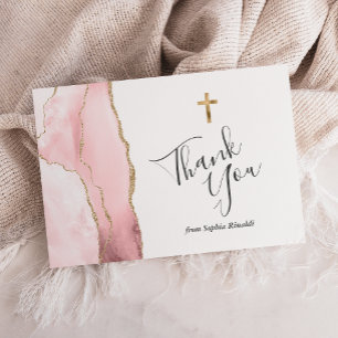 Blush Pink Gold Agate First Communion Thank You Card
