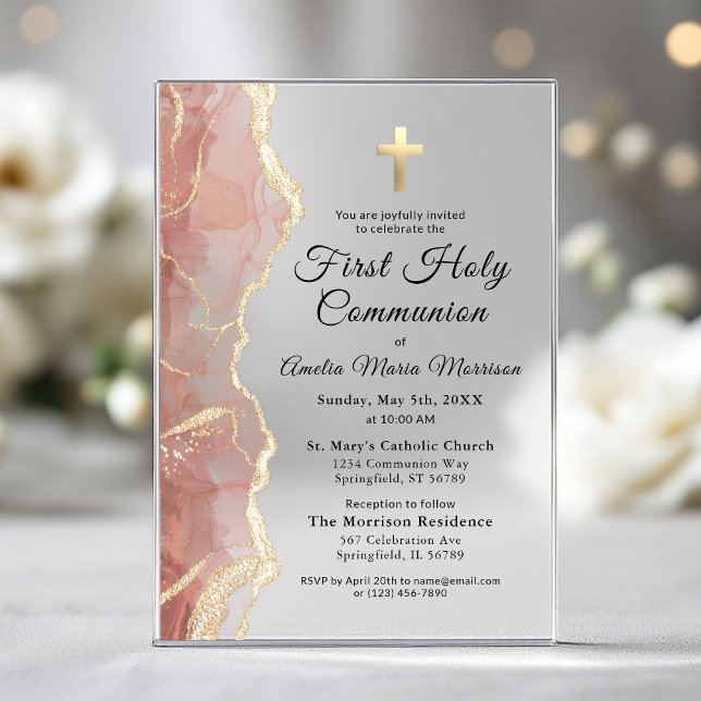 Blush Pink Gold Agate First Holy Communion Girl Acrylic Invitations (Creator Uploaded)
