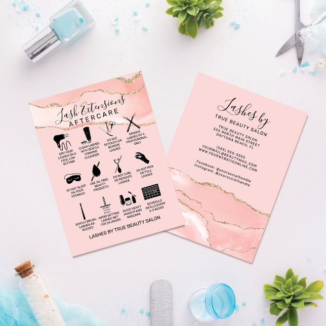 Blush Pink Gold Agate Lash Extension Aftercare Business Card (Creator Uploaded)