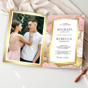 Blush Pink Gold Agate Marble QR Code Photo Wedding Invitation