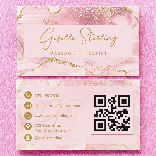 Blush Pink Gold Agate Massage Therapist  QR Code Business Card (Creator Uploaded)