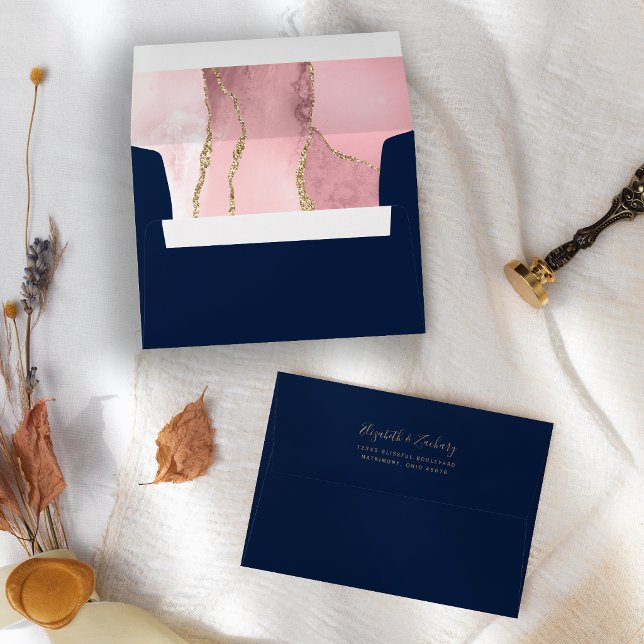 Blush Pink Gold Agate Navy Blue Wedding Envelope (Creator Uploaded)