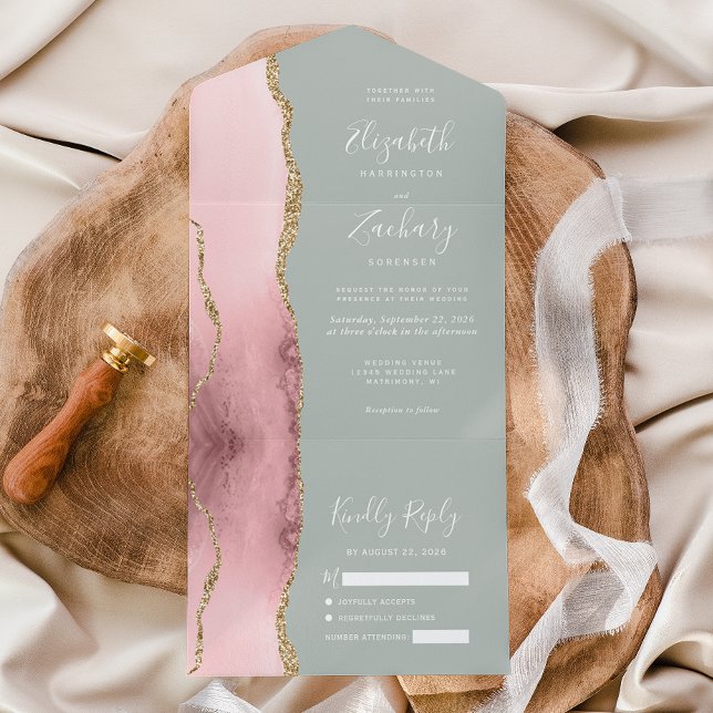 Blush Pink Gold Agate Pale Sage Green Wedding All In One Invitation (Creator Uploaded)