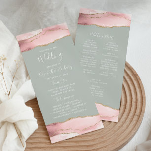 Blush Pink Gold Agate Pale Sage Green Wedding Programme