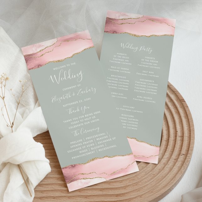 Blush Pink Gold Agate Pale Sage Green Wedding Programme (Creator Uploaded)