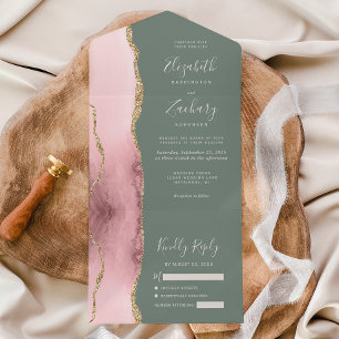 Blush Pink Gold Agate Sage Green Wedding All In One Invitation