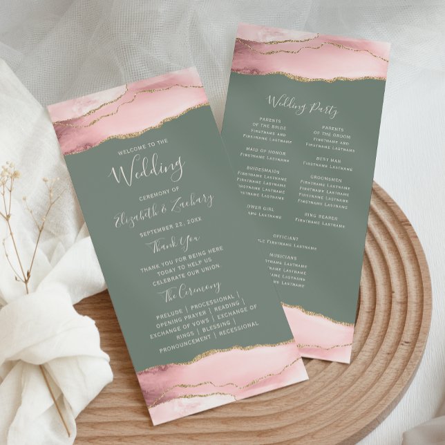 Blush Pink Gold Agate Sage Green Wedding Programme (Creator Uploaded)