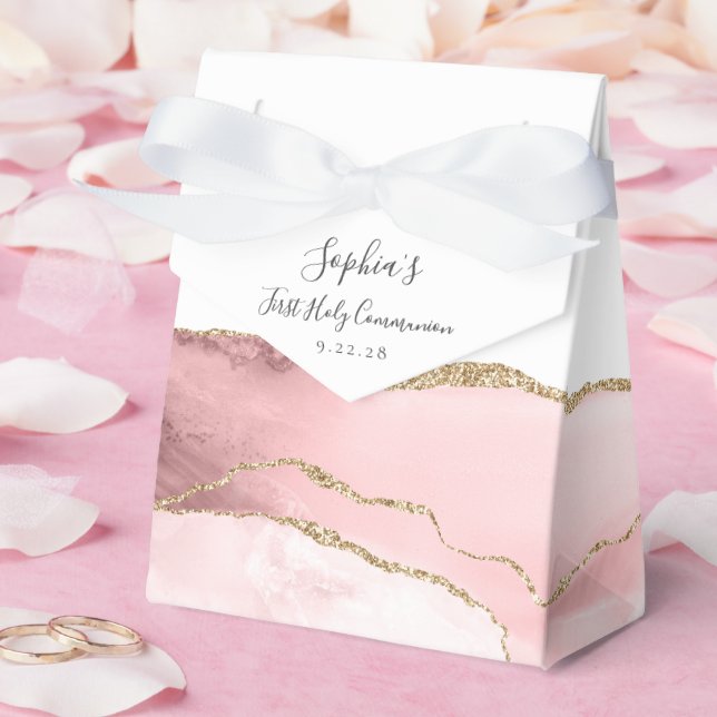 Blush Pink Gold Agate Script First Communion Favour Box (Wedding)