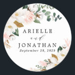 Blush Pink Gold and White Magnolia Floral Wedding Classic Round Sticker<br><div class="desc">Designs features elegant magnolia, peony rose, eucalyptus, greenery and other watercolor elements in white, blush pink or pink peach and more. The greenery features shades of dark and light green colours with some elements featuring gold, antique gold and copper. This classy item is versatile for varieties of wedding themes --...</div>