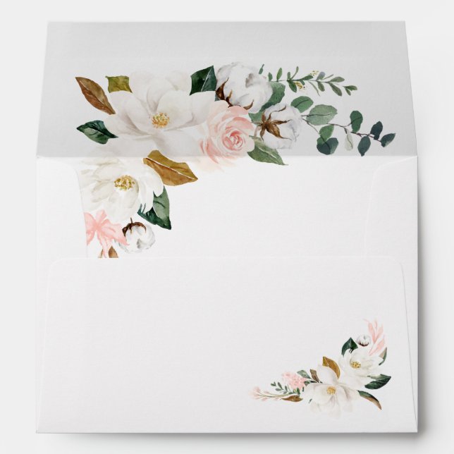 Blush Pink Gold and White Magnolia Floral Wedding Envelope (Back (Bottom))