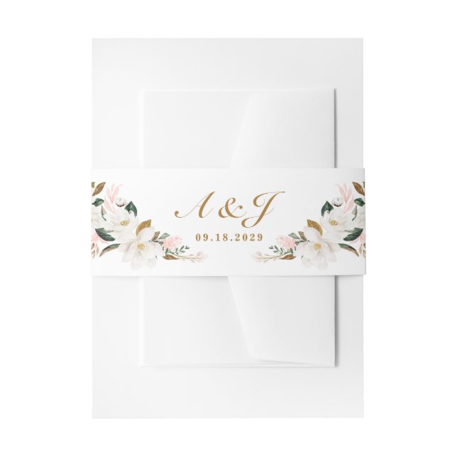Blush Pink Gold and White Magnolia Floral Wedding Invitation Belly Band (Front Example)