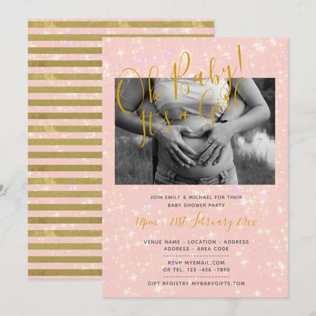 Blush Pink Gold BABY SHOWER PHOTO Girl Invites (Front/Back)