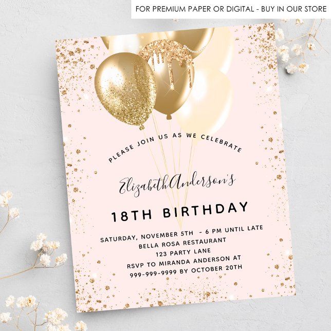 Blush pink gold balloons Birthday invitation (Creator Uploaded)