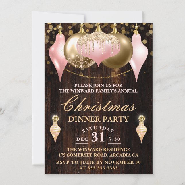 Blush Pink & Gold Baubles Christmas Dinner Party Invitation (Front)