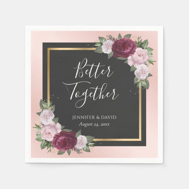 Blush Pink Gold Black Burgundy Floral Wedding Napkin (Front)
