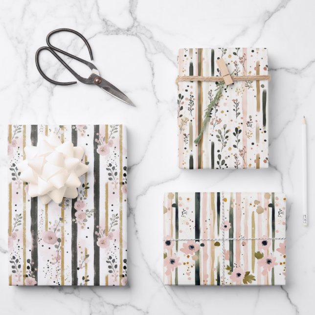 Blush Pink Gold Black Florals Stripes Her Birthday Wrapping Paper Sheet (Front)
