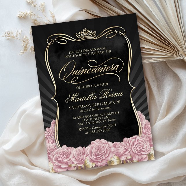Blush Pink Gold Black Quinceañera Invitation (Creator Uploaded)