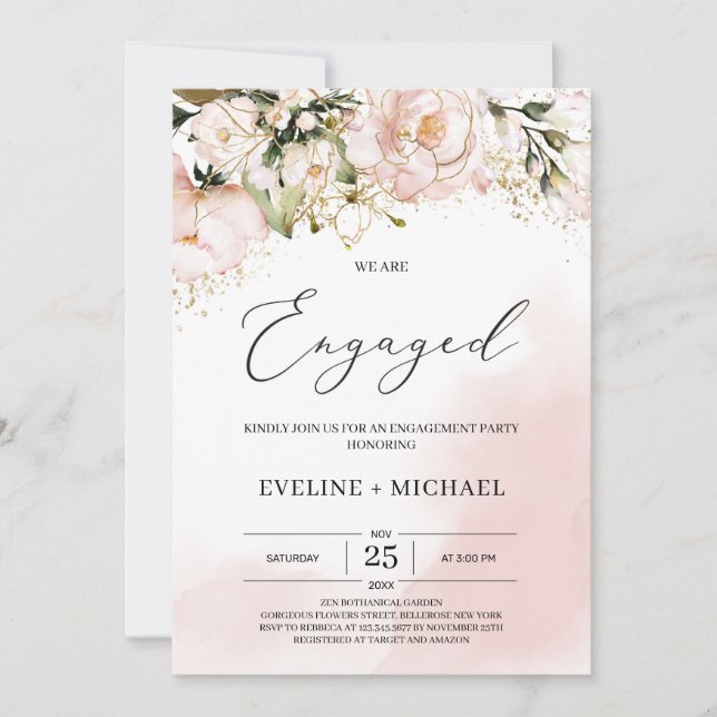 Blush pink gold boho floral engagement party invitation (Front)
