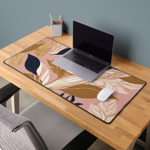 Blush Pink Gold Boho Leaves Modern Collection Desk Mat