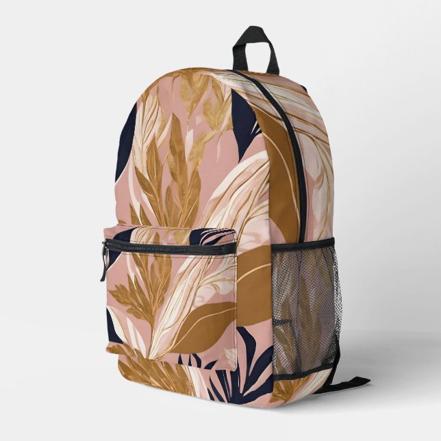Blush Pink Gold Boho Leaves Modern Collection Printed Backpack (Back Corner Right)