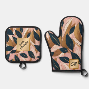 Blush Pink Gold Boho Leaves Trendy Collection Oven Mitt & Pot Holder Set