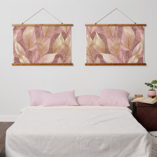 Blush Pink Gold Boho Modern Leaves Collection Hanging Tapestry (Bedroom)