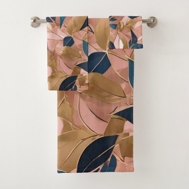 Blush Pink Gold Boho Popular Leaves Collection Bath Towel Set (Insitu)