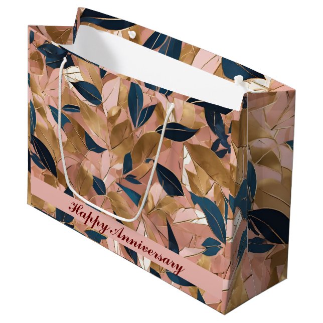 Blush Pink Gold Boho Popular Leaves Collection Large Gift Bag (Front Angled)