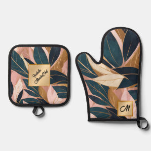 Blush Pink Gold Boho Trendy Leaves Collection Oven Mitt & Pot Holder Set